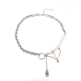 Safety Pin Pendant Asymmetrical Faux Pearl Necklace 01 - Silver - One Size