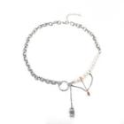 Safety Pin Pendant Asymmetrical Faux Pearl Necklace 01 - Silver - One Size