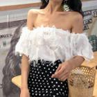 Fringe Trim Off-shoulder Short-sleeve Top
