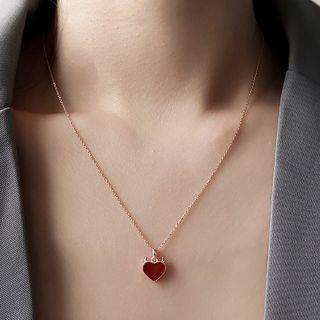 Heart Pendant Sterling Silver Necklace Red Heart - Rose Gold - One Size