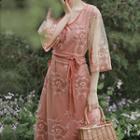 3/4-sleeve Frog-button Embroidered Maxi Dress