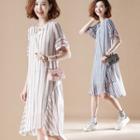 V-neck Pinstripe Short-sleeve Chiffon Midi Shift Dress