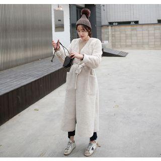 Lapelless Open-front Faux-shearling Long Coat With Sash