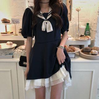 Sailor Collar Layer Dress Dark Blue - One Size