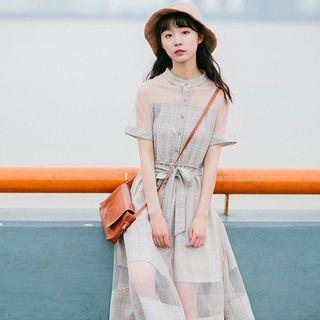 Mesh Panel Check Short-sleeve A-line Dress