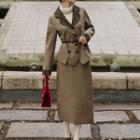 Set: Plaid Button Blazer + Midi Plaid Skirt + Belt
