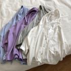 Elbow-sleeve Hooded Button-up T-shirt