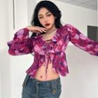 Long-sleeve Floral Print Ruffled Crop Top