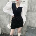 Puff-sleeve Two Tone Velvet Mini Dress