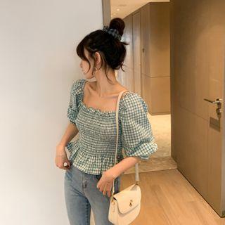 Plaid Elbow-sleeve Square-neck Cropped Blouse