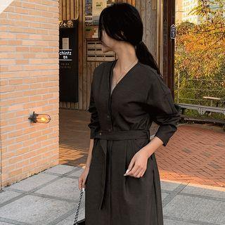 Half-placket Band-waist Long Dress With Sash
