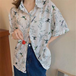 Elbow-sleeve Bird Print Shirt White - One Size
