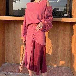 Cold-shoulder Pullover / Two-tone Midi Mermaid Skirt