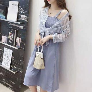 Set: Shirred Spaghetti Strap Dress + Striped Blouse