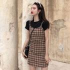 Plain Short-sleeve T-shirt / Plaid Spaghetti Strap Dress