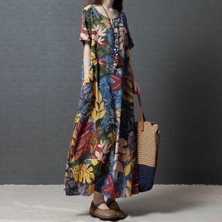 Flower Print Short-sleeve Maxi Shift Dress
