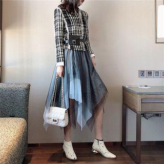 Color-block Mesh Skirt / Set: Tweed Check Slim-fit Jacket + Belt Bag