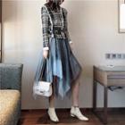 Color-block Mesh Skirt / Set: Tweed Check Slim-fit Jacket + Belt Bag