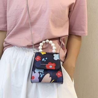 Faux Pearl Handle Floral Print Faux Leather Handbag