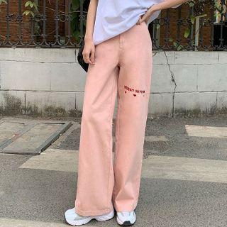 Lettering Heart Embroidered Straight Leg Jeans