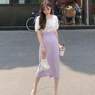 Short-sleeve Square-neck Blouse / Midi Pencil Skirt