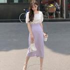 Short-sleeve Square-neck Blouse / Midi Pencil Skirt