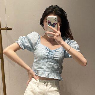 Plaid Ruffled Puff-sleeve Cropped Blouse