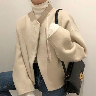 Asymmetric Zip Cropped Woolen Jacket Beige - One Size