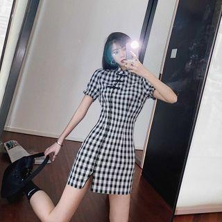 Plaid Short-sleeve Slit Mini Qipao