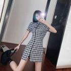Plaid Short-sleeve Slit Mini Qipao