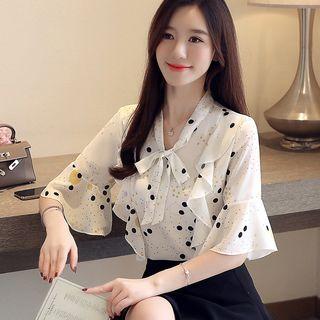 Elbow-sleeve Ruffled Printed Chiffon Top