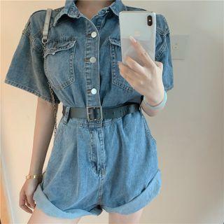 Elbow-sleeve Denim Cargo Romper