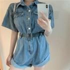 Elbow-sleeve Denim Cargo Romper