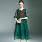 Embroidered Elbow-sleeve A-line Midi Dress