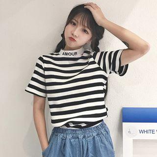 Striped Mock Neck Short-sleeve T-shirt