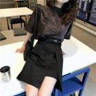 Elbow-sleeve Glittering Top / A-line Mini Skirt