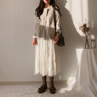 Long-sleeve Crinkled Midi A-line Chiffon Top