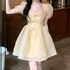 Puff-sleeve Plain Bow Mesh Dress
