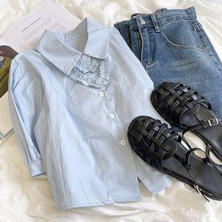 Puff-sleeve Plain Cut-out Shirt
