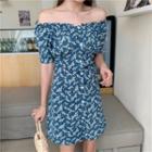 Floral Cold Shoulder Short-sleeve A-line Dress Blue - One Size