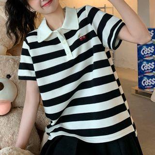 Short-sleeve Cherry Embroidered Striped Polo Shirt Black & White - One Size
