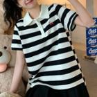 Short-sleeve Cherry Embroidered Striped Polo Shirt Black & White - One Size