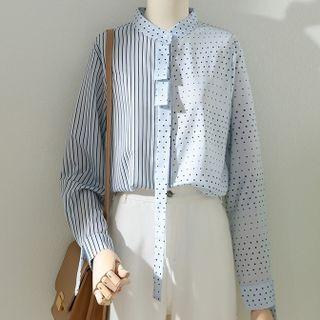 Long-sleeve Stand-collar Polka Dot Panel Striped Shirt