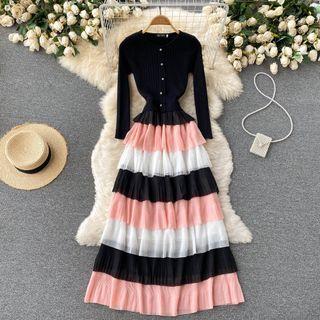 Round-neck Knit Long-sleeve Top Panel Color Block Chiffon Dress