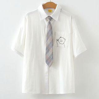 Set: Short-sleeve Embroidered Shirt + Tie White - One Size