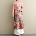 Long-sleeve Printed Midi Qipao Dress