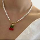 Cherry Resin Pendant Faux Pearl Necklace Type A - White & Red - One Size
