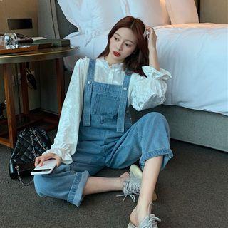 Denim Jumper Pants / Puff-sleeve Blouse