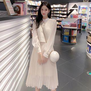 Set: Long-sleeve Midi Chiffon Dress + Vest