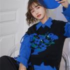Plain Lace-up Long-sleeve Shirt / Color-block Knit Vest
